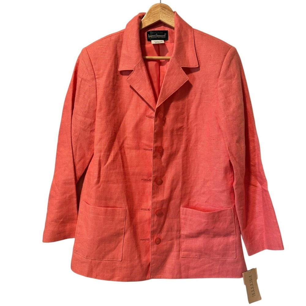 Harve Benard Petite Coral Pink 100% Linen Button Front Blazer Jacket 8P NEW